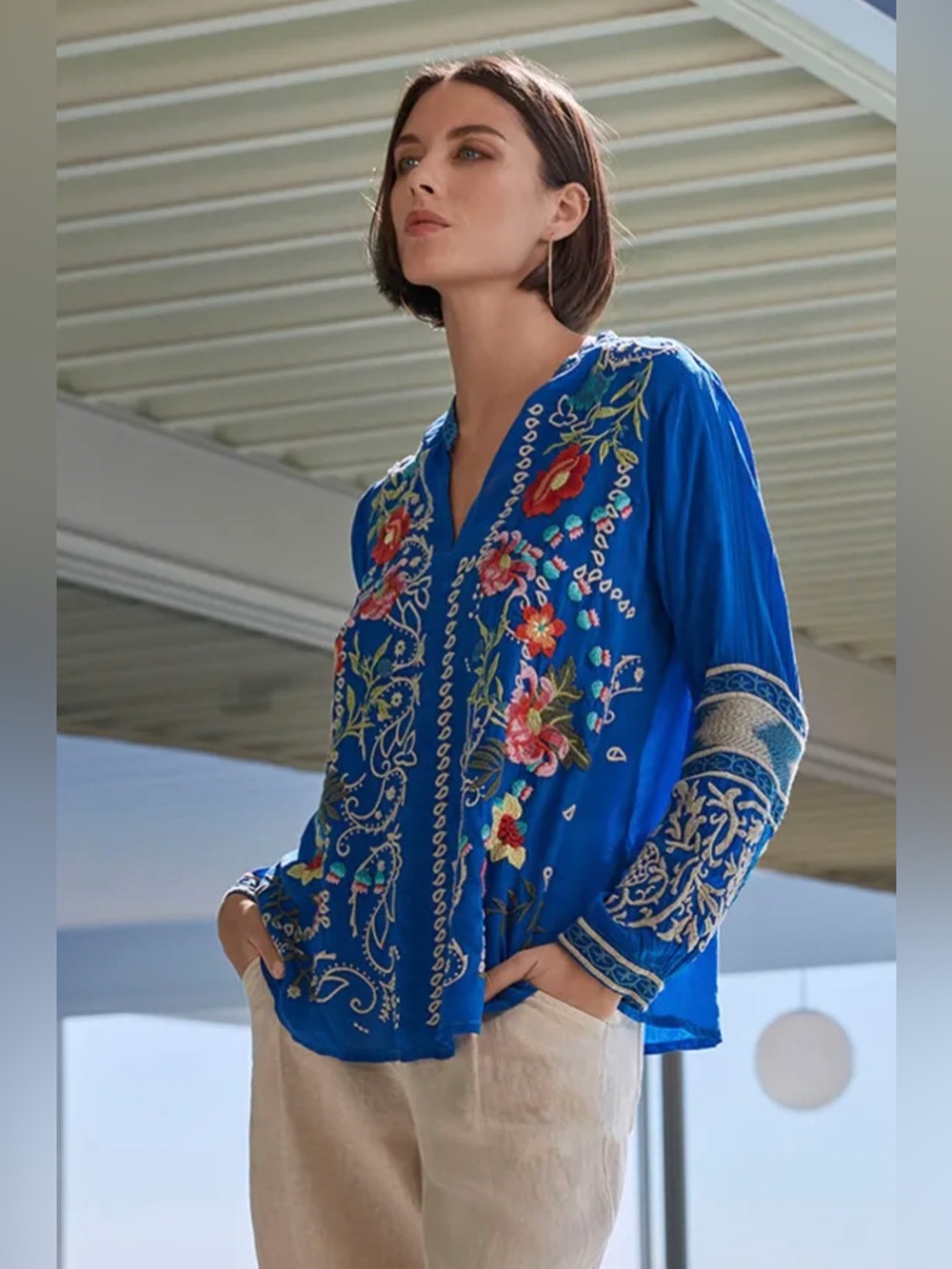 Johnny Was Top Blouse XXS Floral Embroidered Colorful Relaxed Fit Flowy Blue